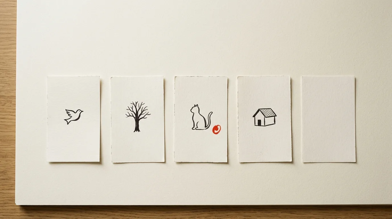 Storyboard cards laid out in order on paper