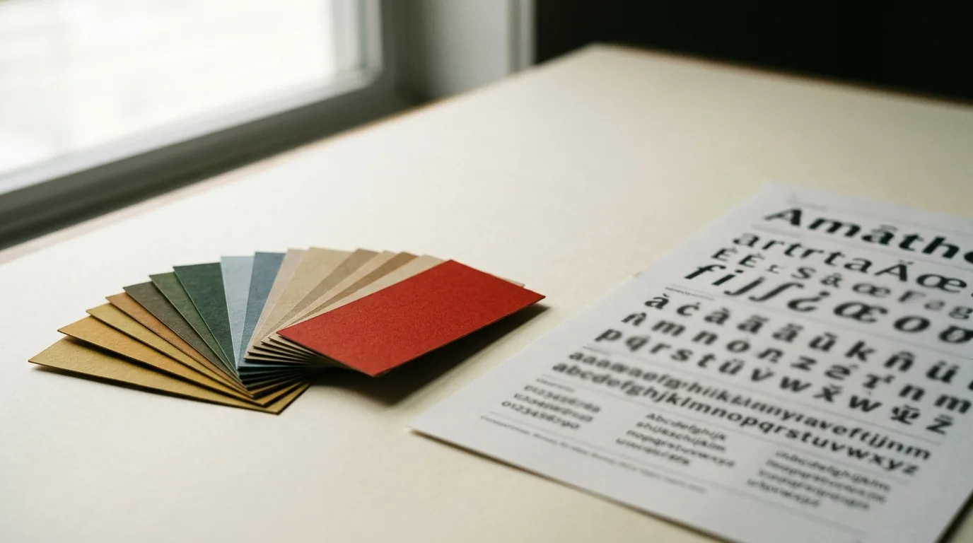 Colour swatches fanned beside a type specimen